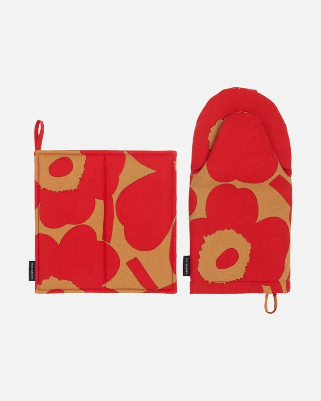Pieni Unikko Oven Mitten & Pot Holder Set - Red & Brown
